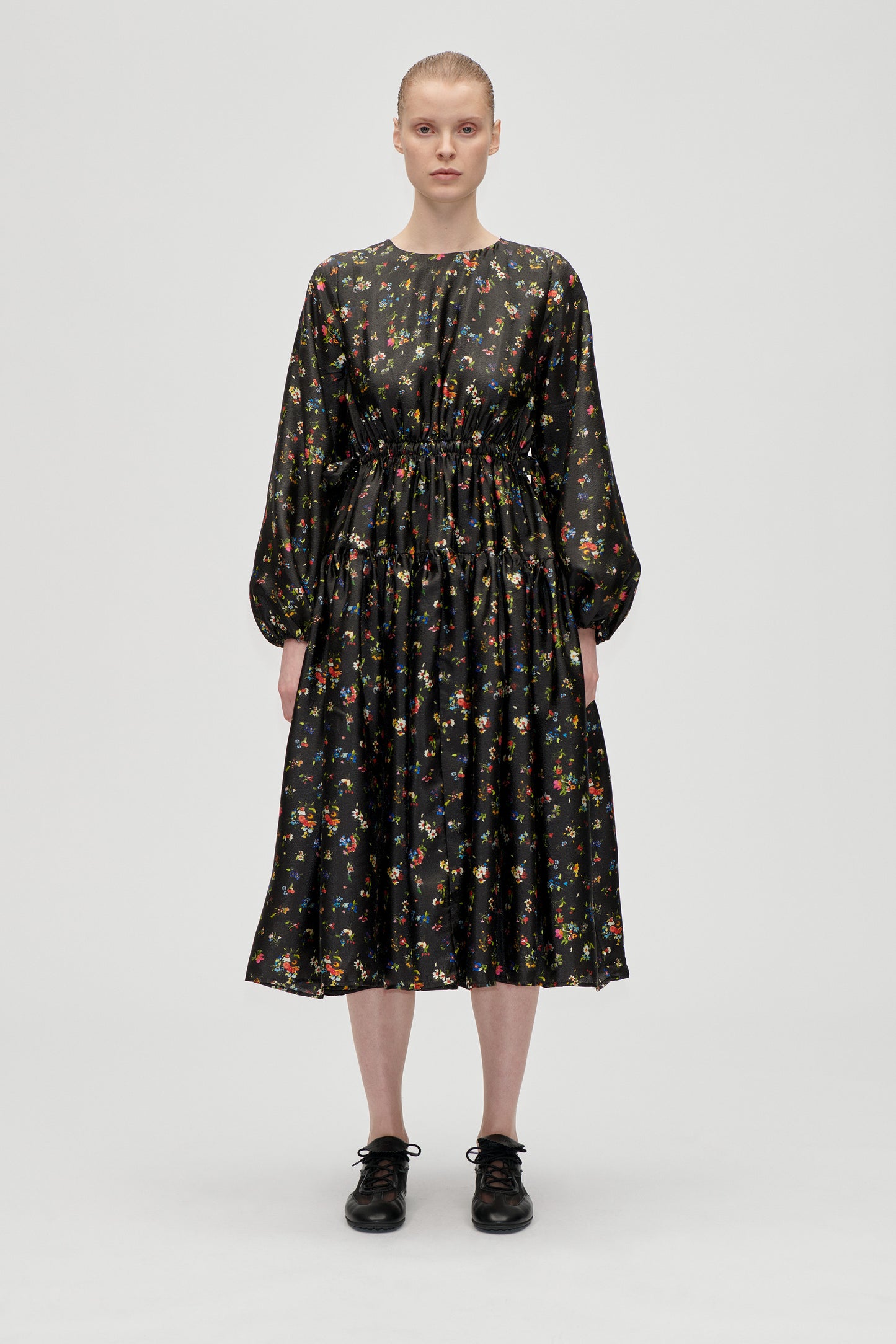 Flat Textured Poly, Waist Tie Ruffle Midi Dress