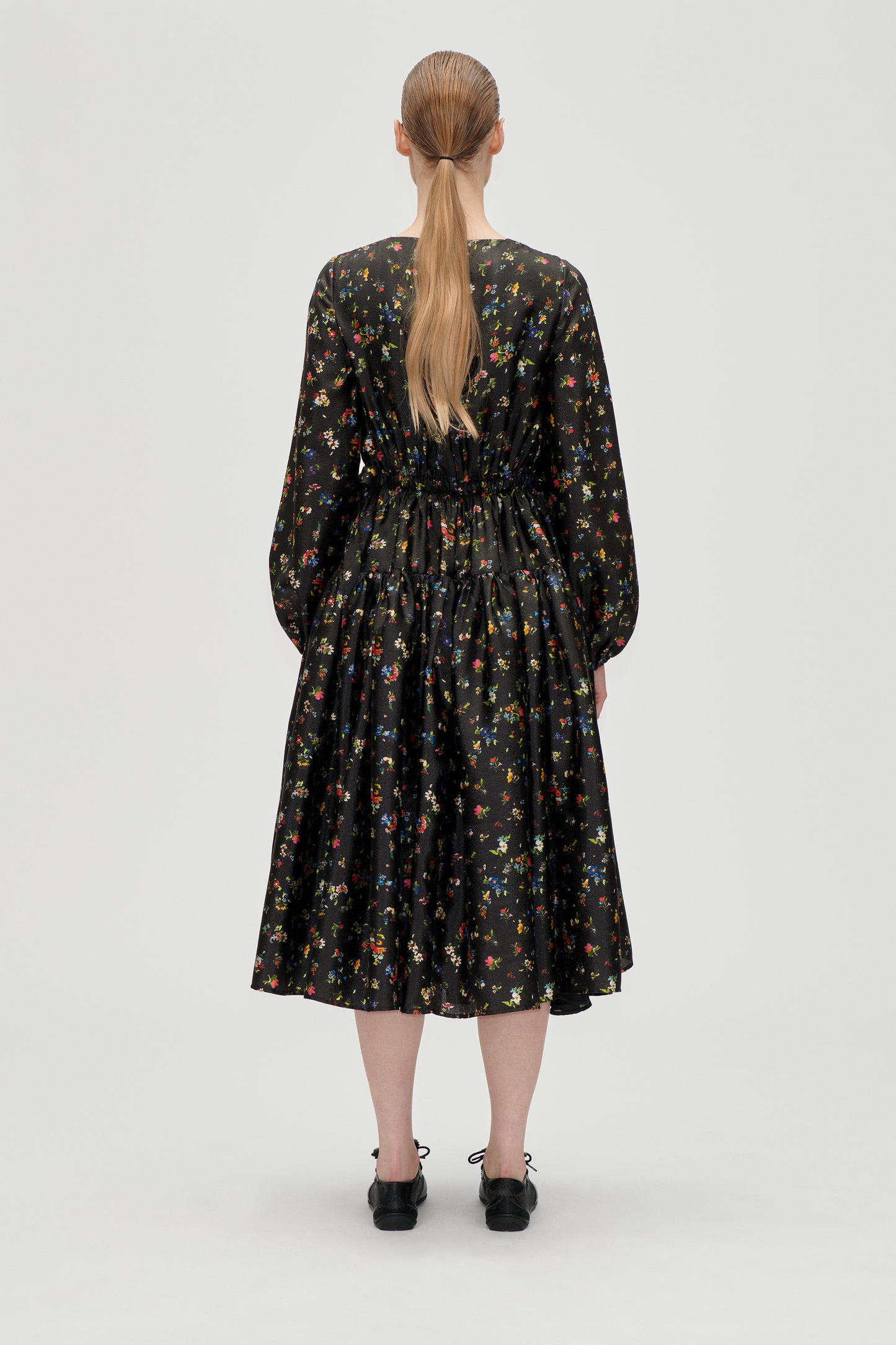 Flat Textured Poly, Waist Tie Ruffle Midi Dress