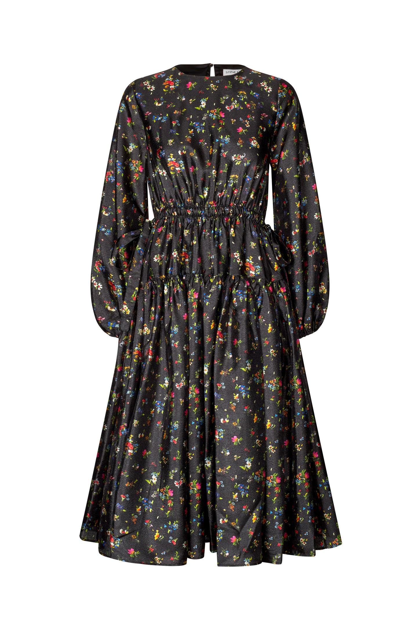 Flat Textured Poly, Waist Tie Ruffle Midi Dress