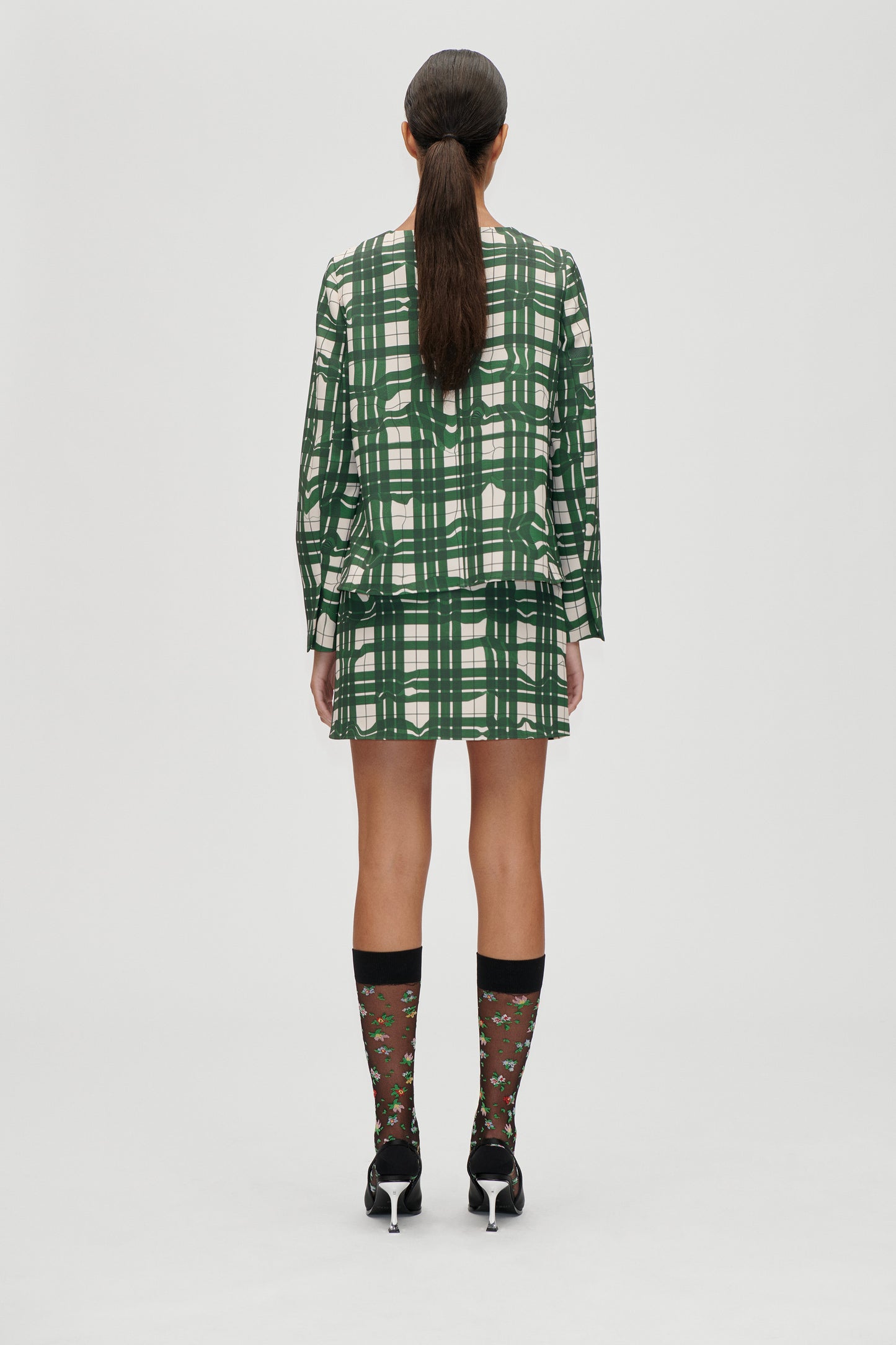 Checkered Cady, Long Sleeve Gathered Ruffle Top