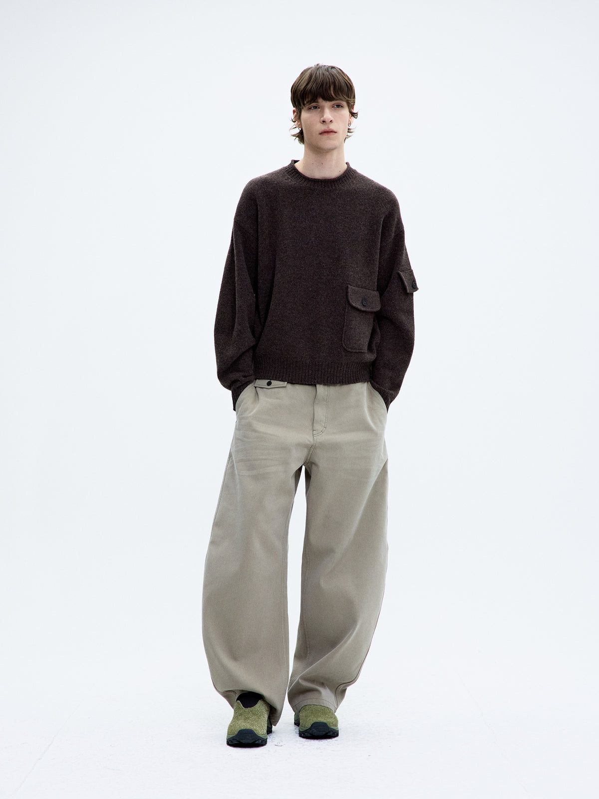 WOOL CROPPED POCKET CREWNECK SWEATER