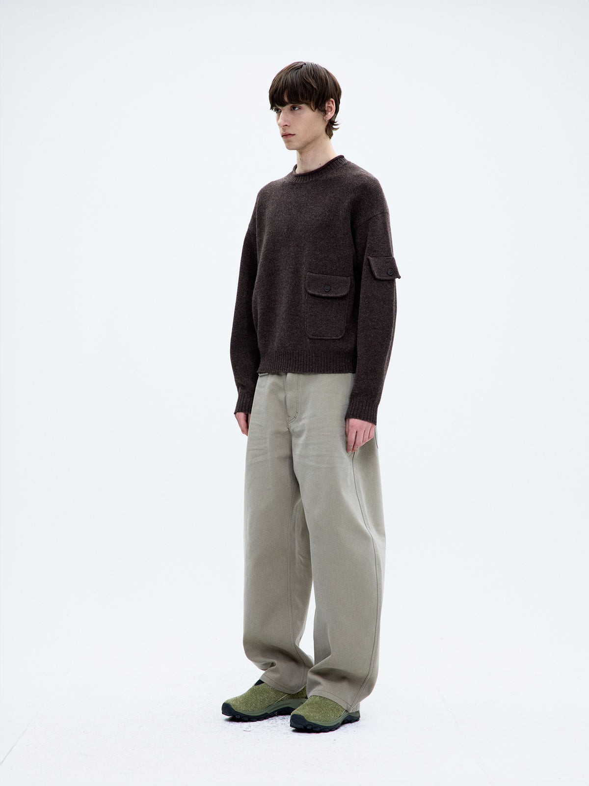 WOOL CROPPED POCKET CREWNECK SWEATER