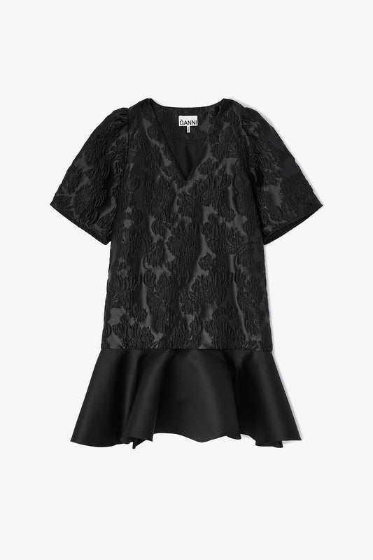 Satin Cloque Mini V-neck Dress