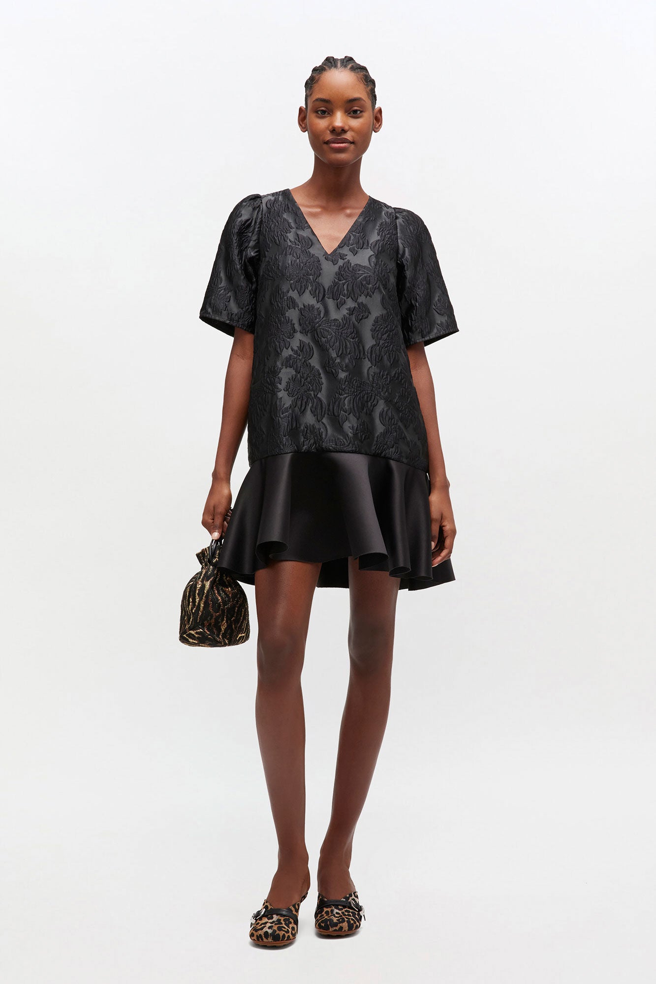 Satin Cloque Mini V-neck Dress