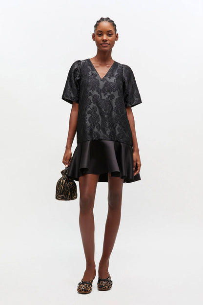 Satin Cloque Mini V-neck Dress