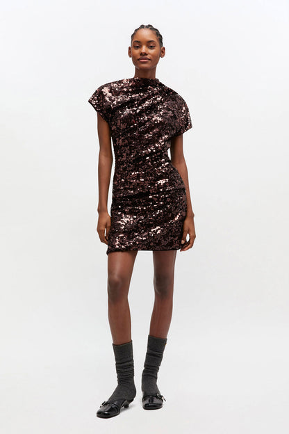 Velvet Sequins Draped Mini Dress
