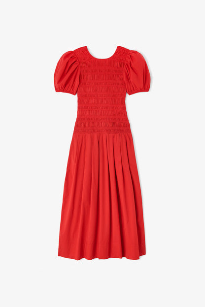 Stretch Cotton Long Smocked Pleated Dress
