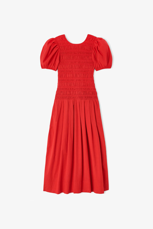 Stretch Cotton Long Smocked Pleated Dress