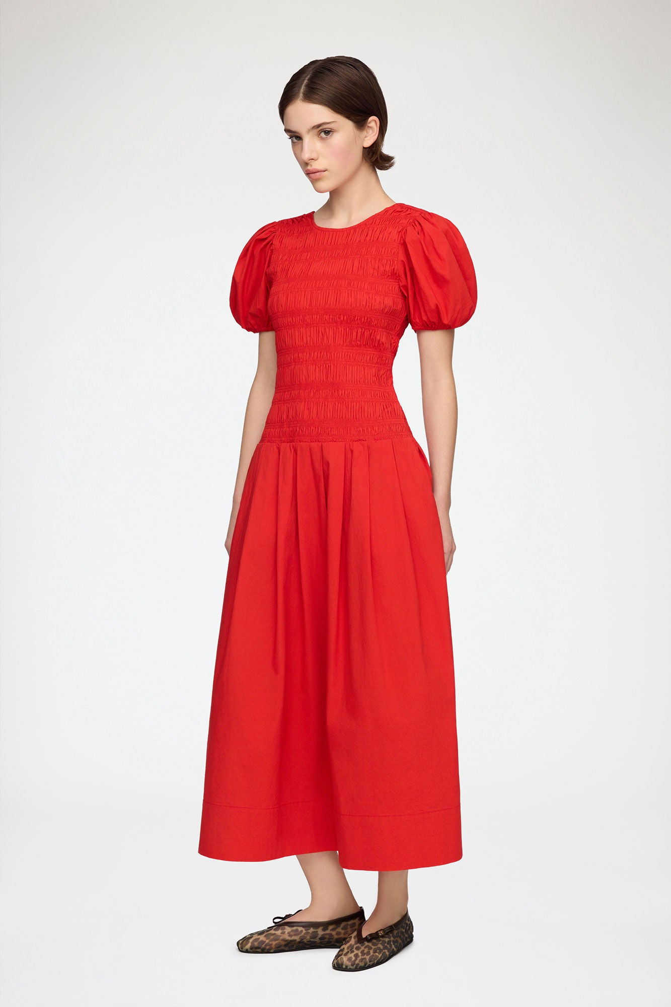 Stretch Cotton Long Smocked Pleated Dress