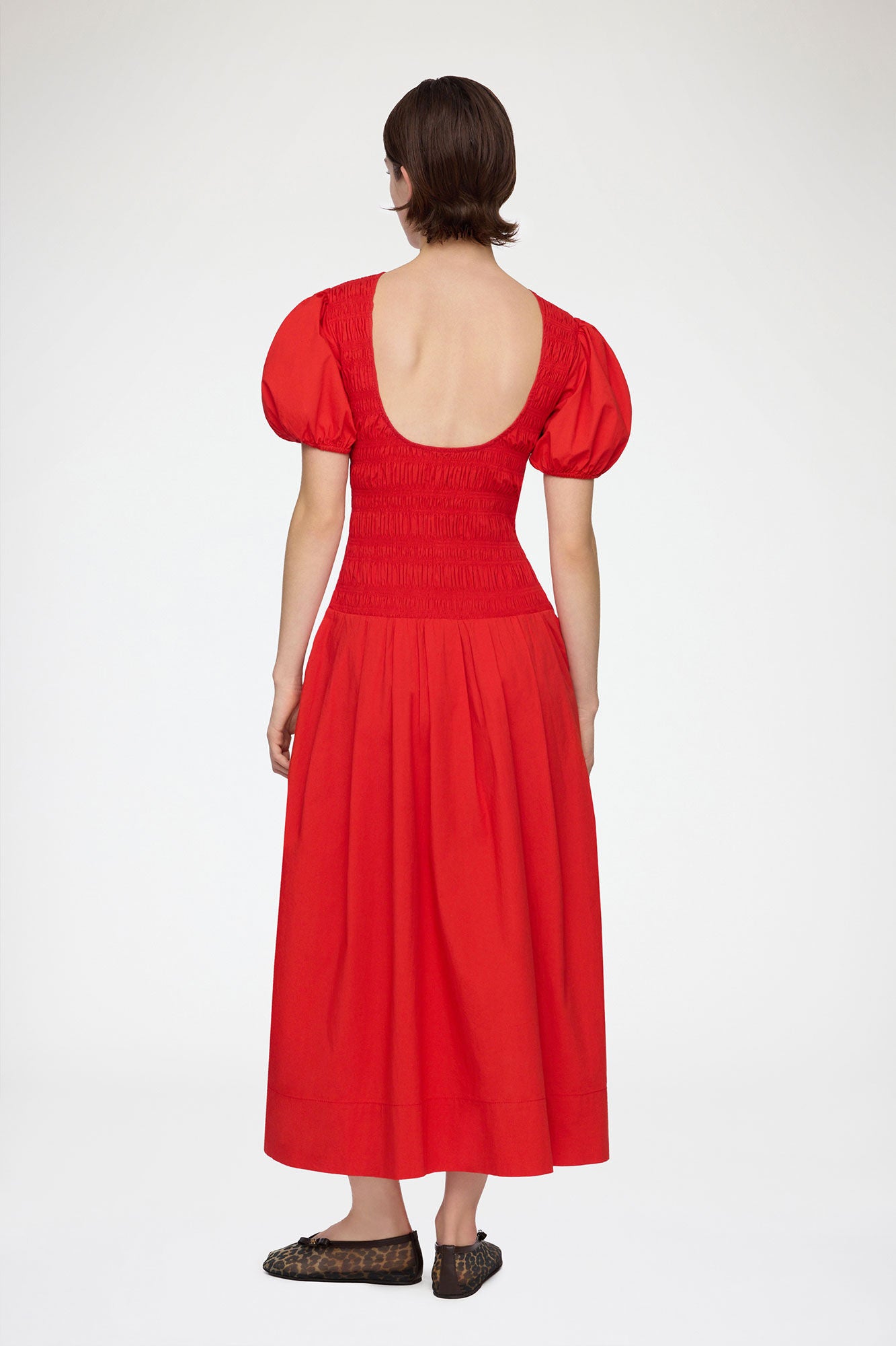 Stretch Cotton Long Smocked Pleated Dress