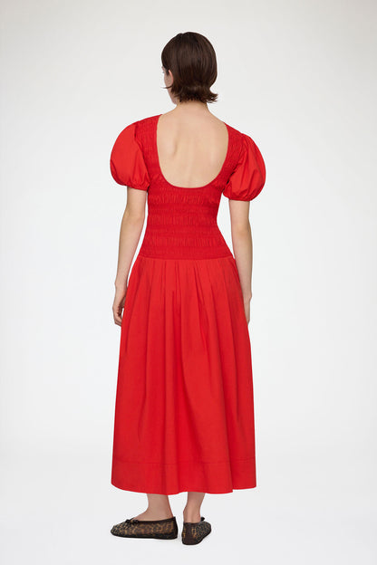 Stretch Cotton Long Smocked Pleated Dress