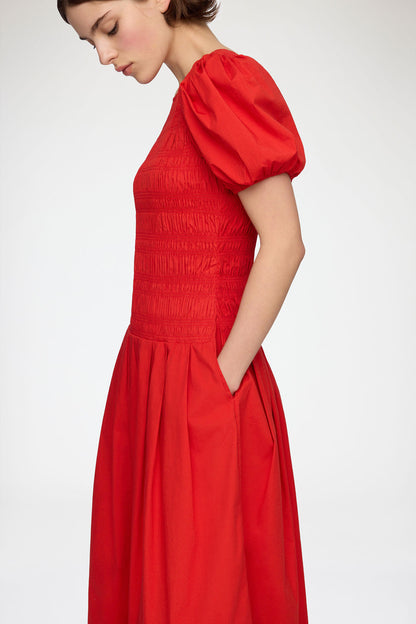 Stretch Cotton Long Smocked Pleated Dress