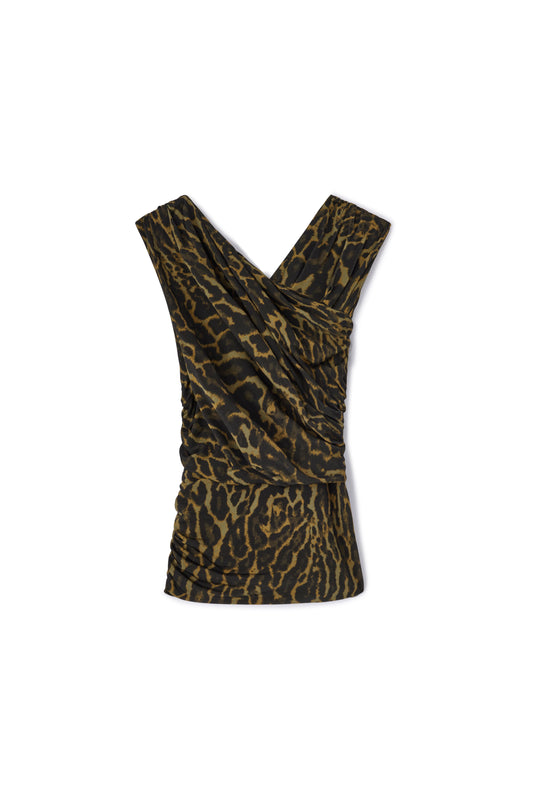 Printed Shiny Jersey Sleeveless Ruched Blouse