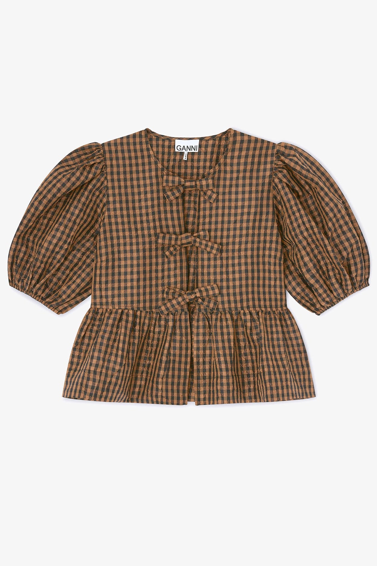 Crinkled Taffeta Check Peplum Blouse