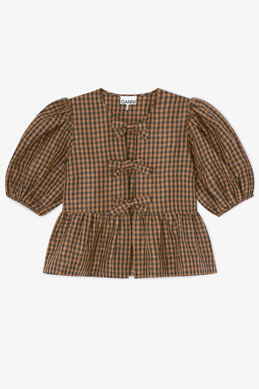Crinkled Taffeta Check Peplum Blouse
