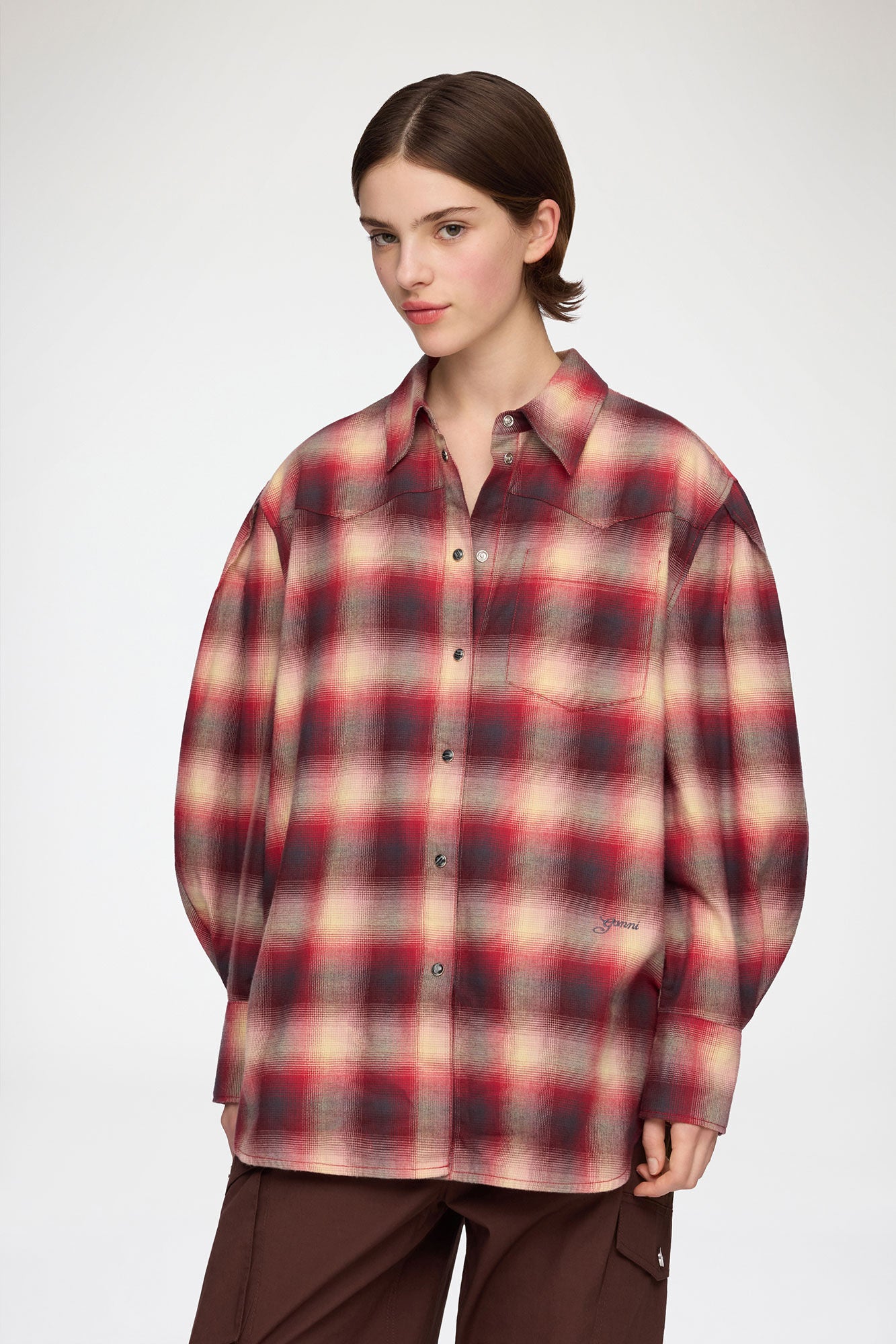 Cotton Flannel Check Pleated Sleeve Shirt