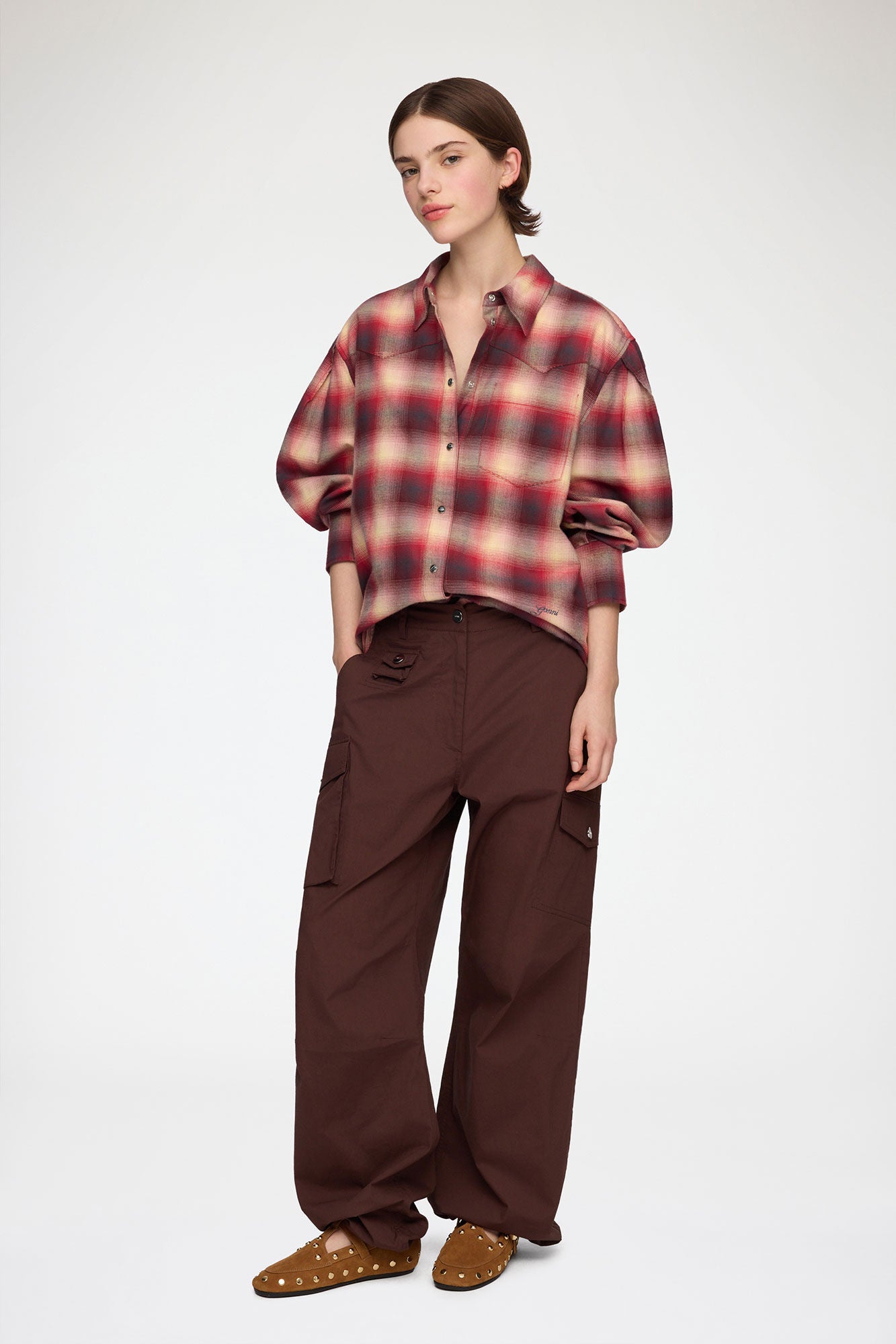 Cotton Flannel Check Pleated Sleeve Shirt