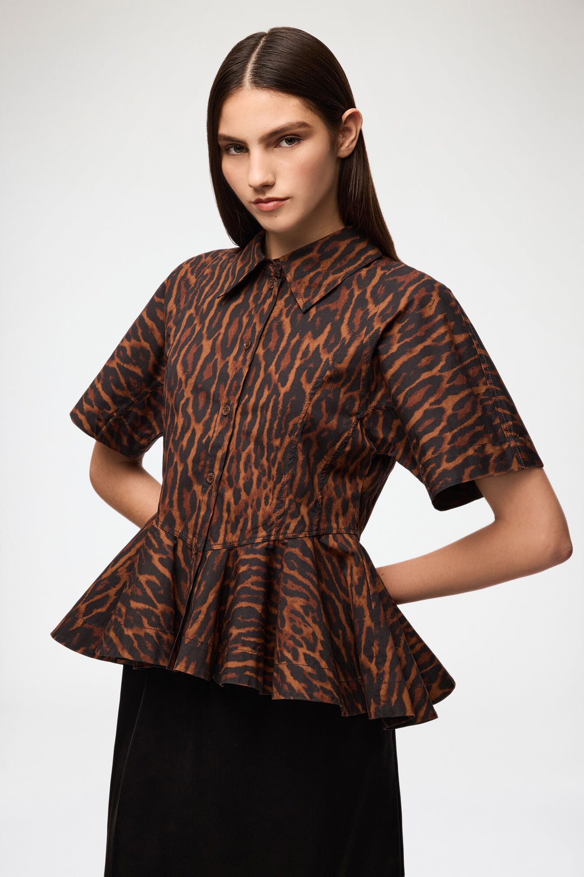 Printed Stretch Cotton Peplum Shirt