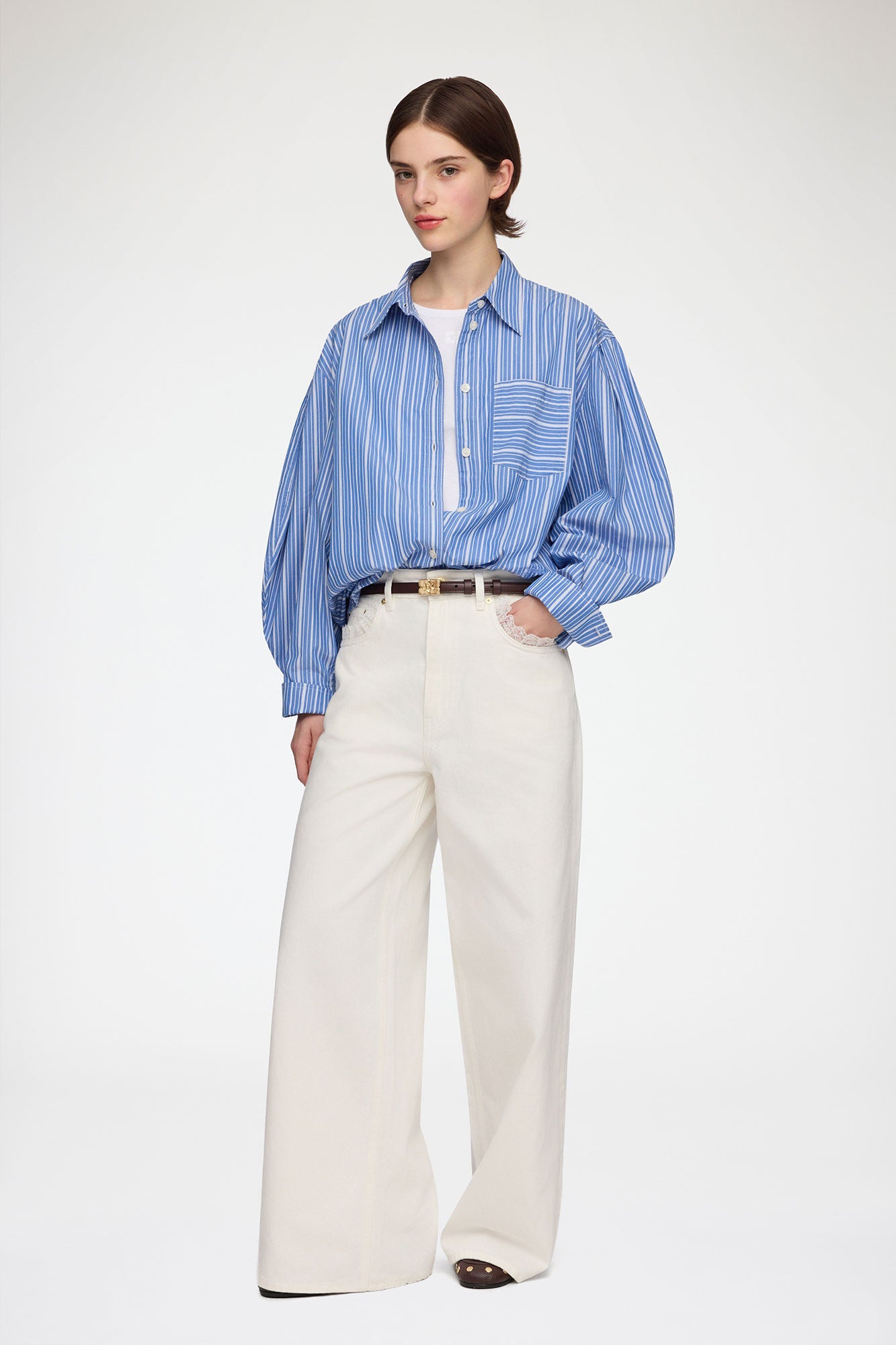 Stripe Cotton Pleated Sleeve Shirt