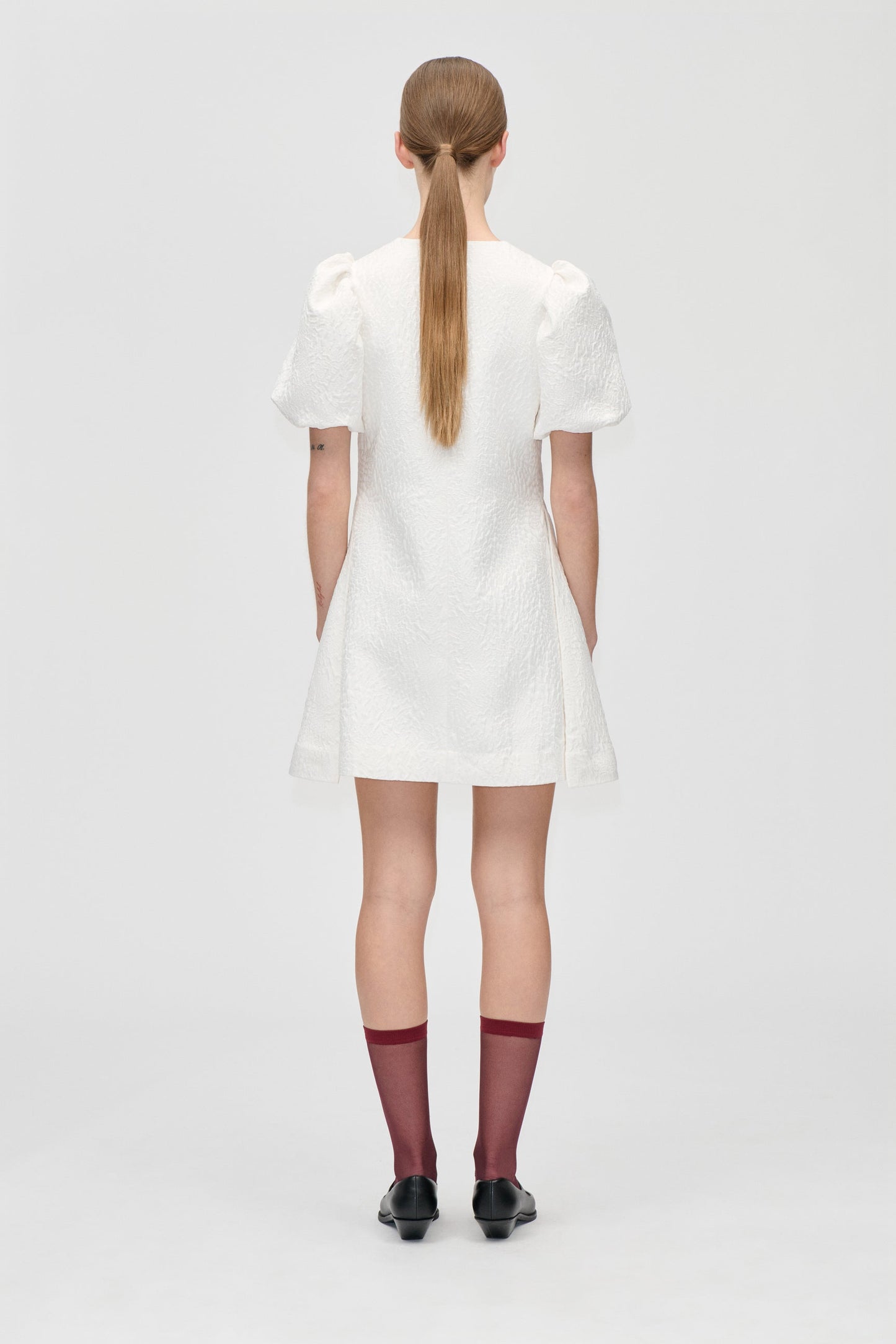 Textured Woven Jacquard, Angled Pleat Mini Dress