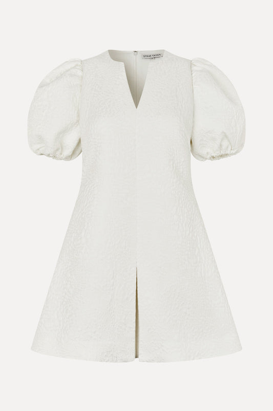 Textured Woven Jacquard, Angled Pleat Mini Dress