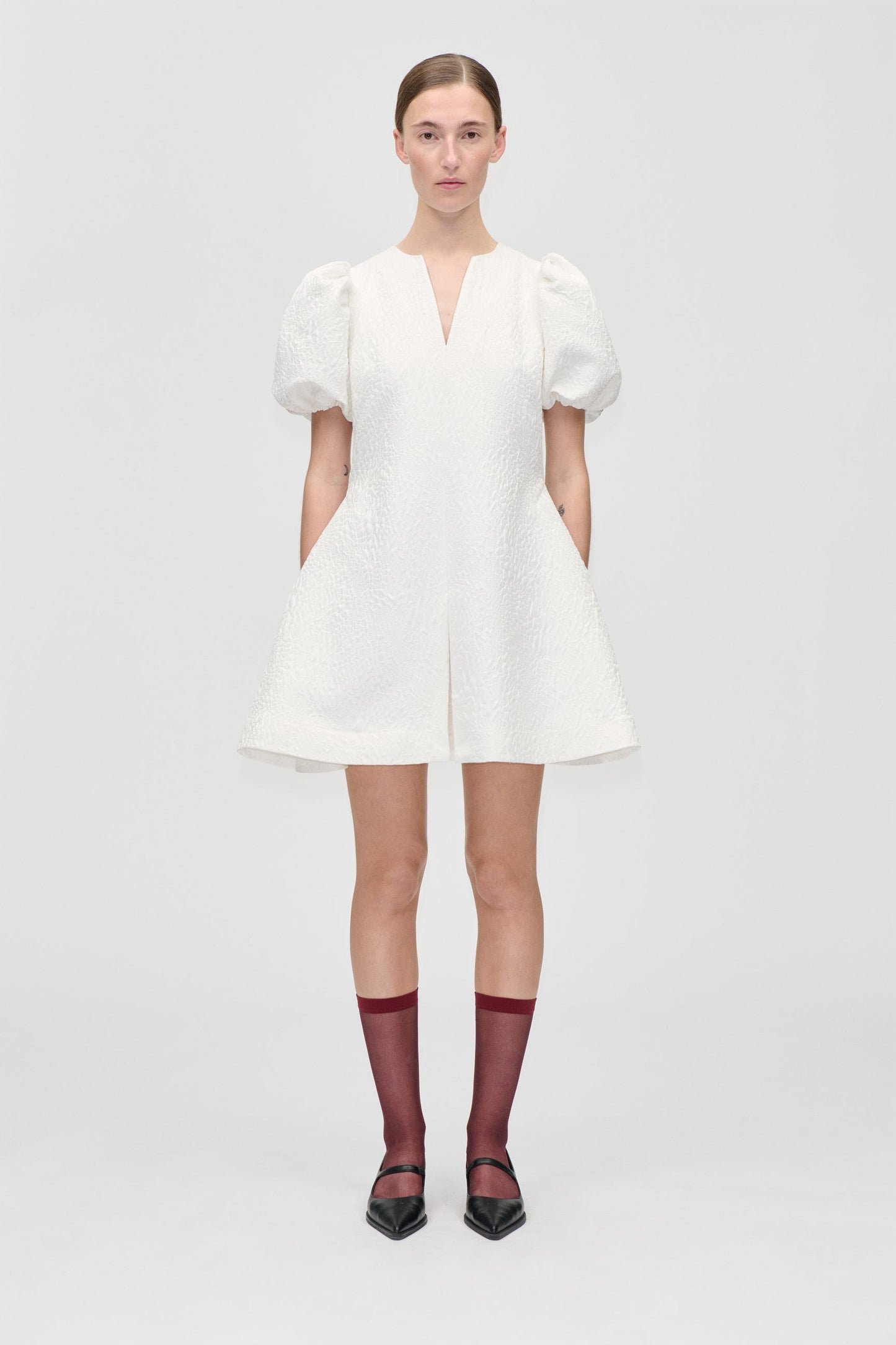 Textured Woven Jacquard, Angled Pleat Mini Dress