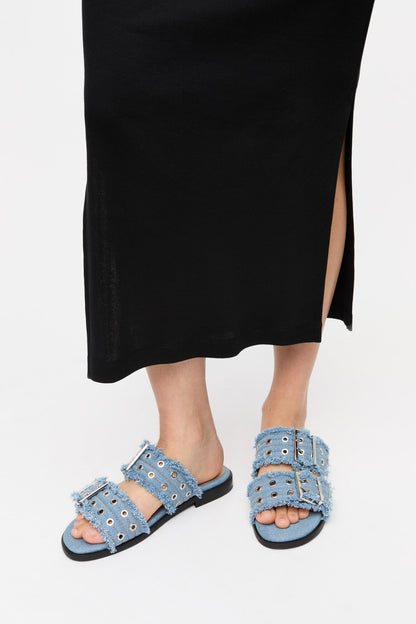 Feminine Buckle Two Strap Sandal Charms Denim
