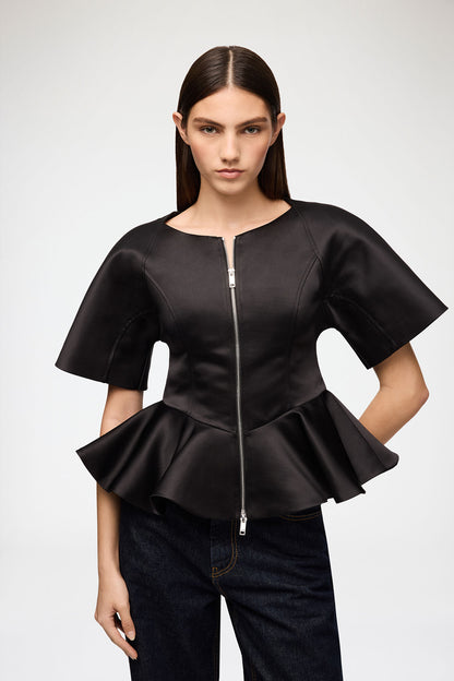 Duchesse Satin Peplum Zip Blouse