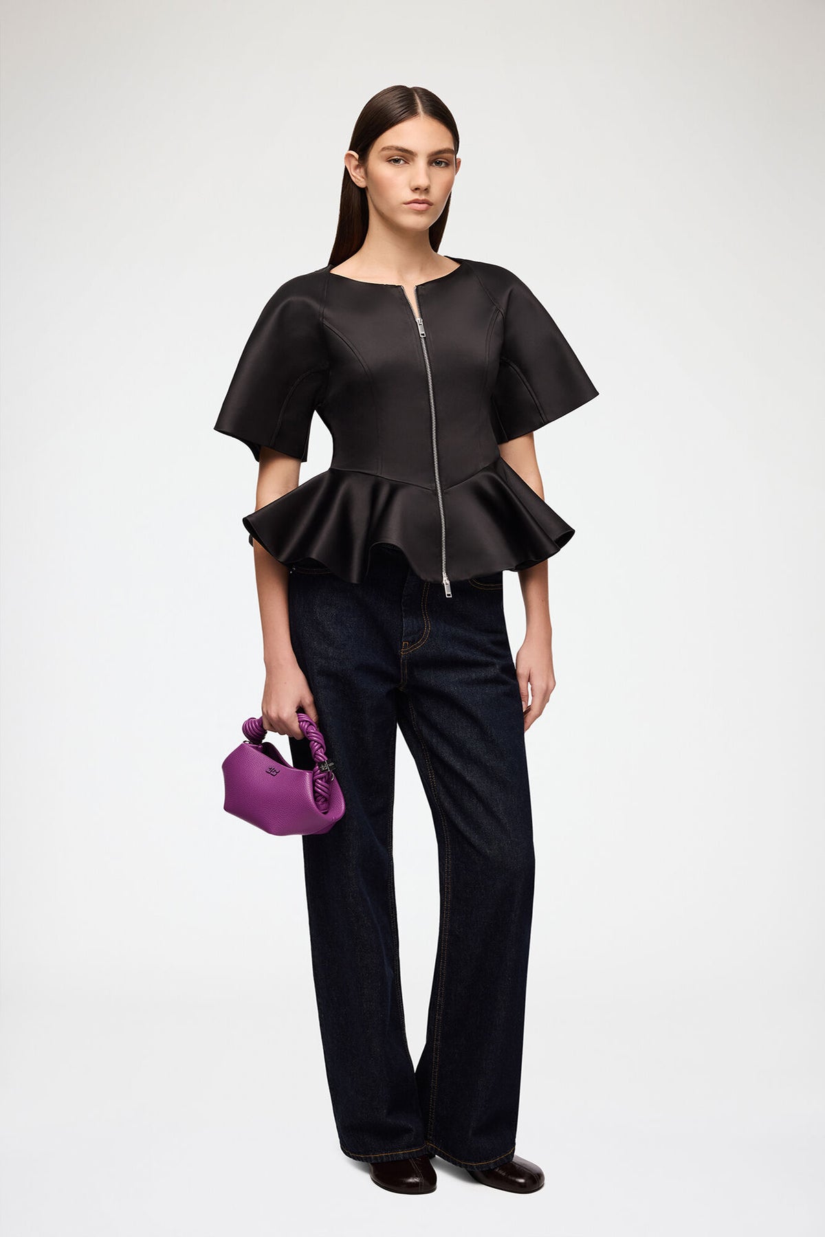 Duchesse Satin Peplum Zip Blouse