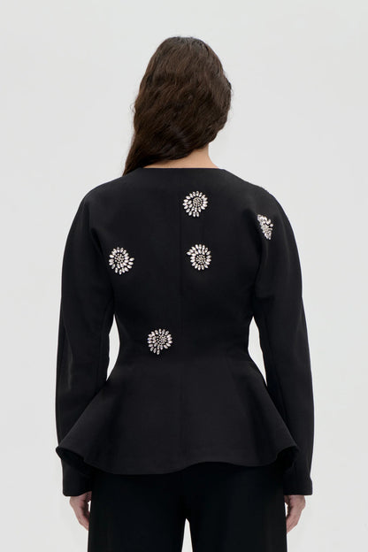 2564 Embellished Cady, Flared Hem Zip-Up Top