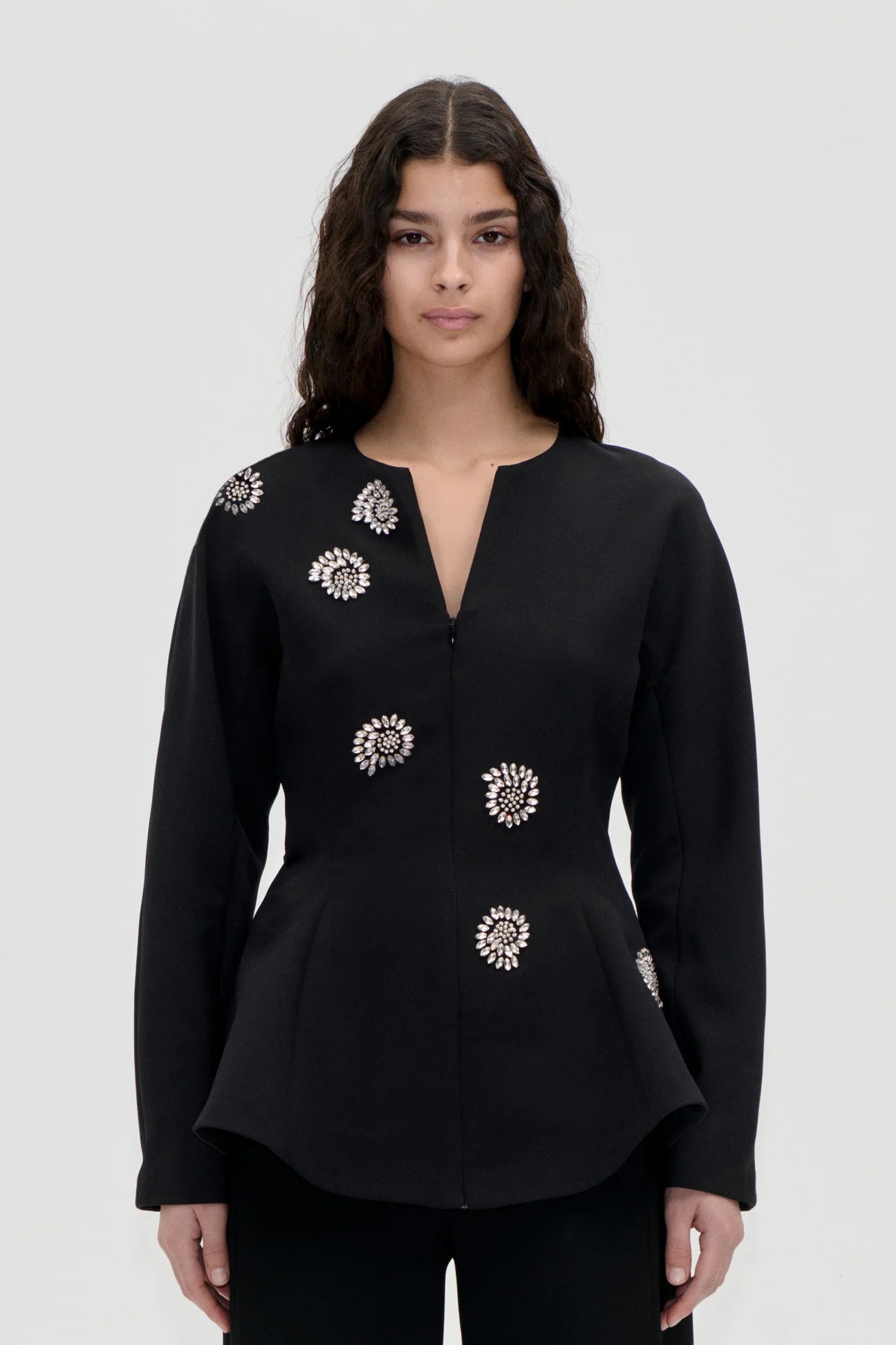 2564 Embellished Cady, Flared Hem Zip-Up Top