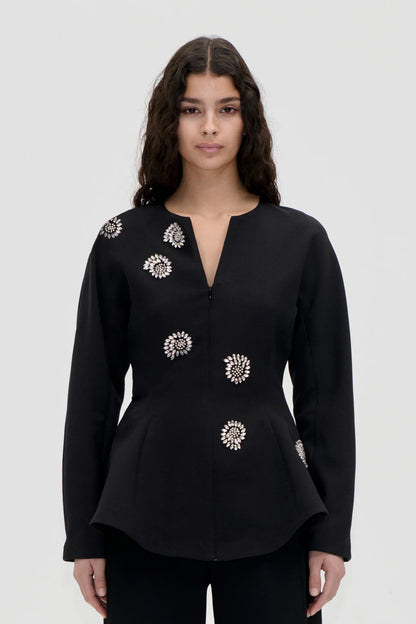 2564 Embellished Cady, Flared Hem Zip-Up Top