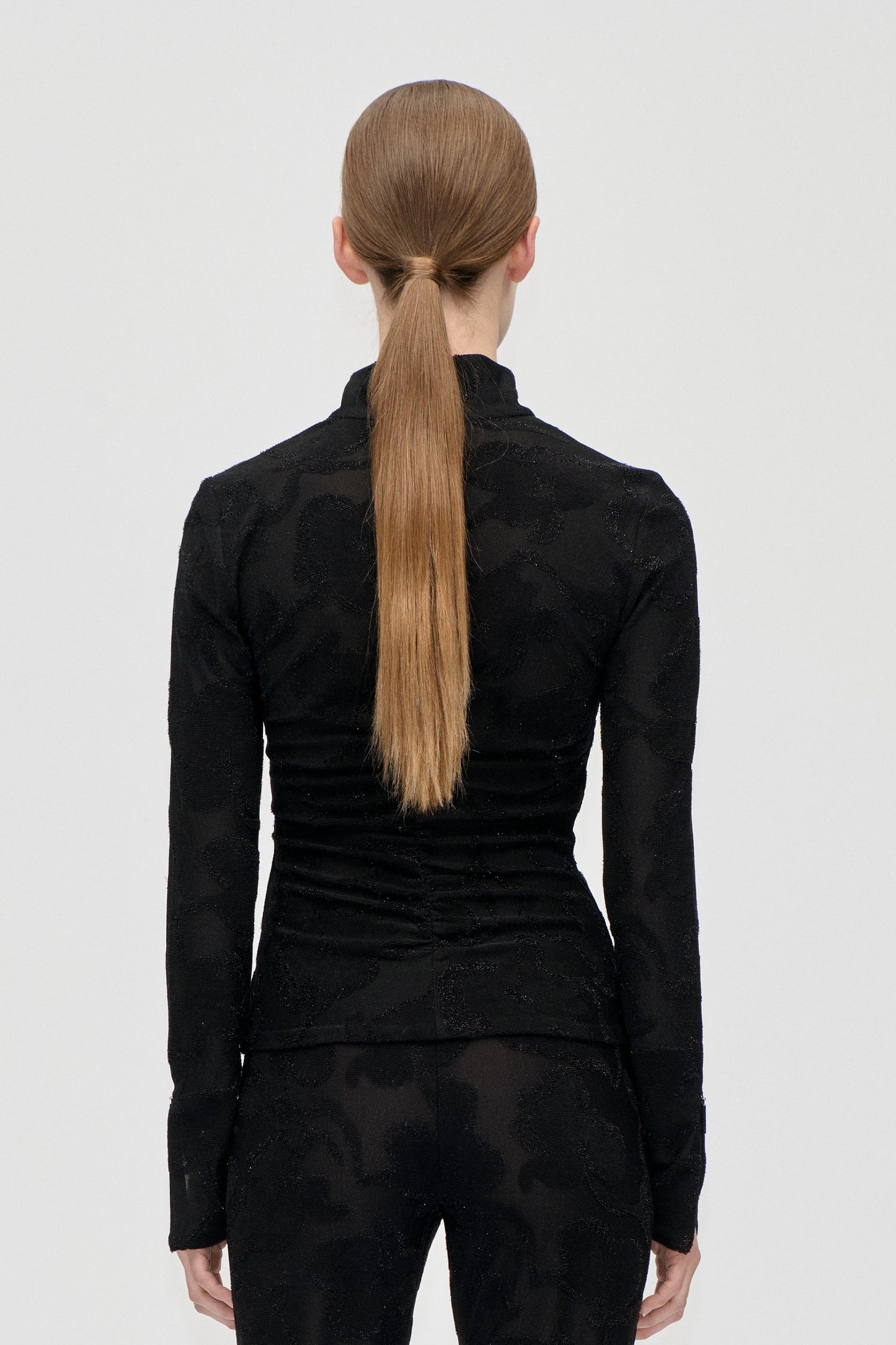 Lurex Jersey, Gathered Long Sleeve High Neck Collar Top