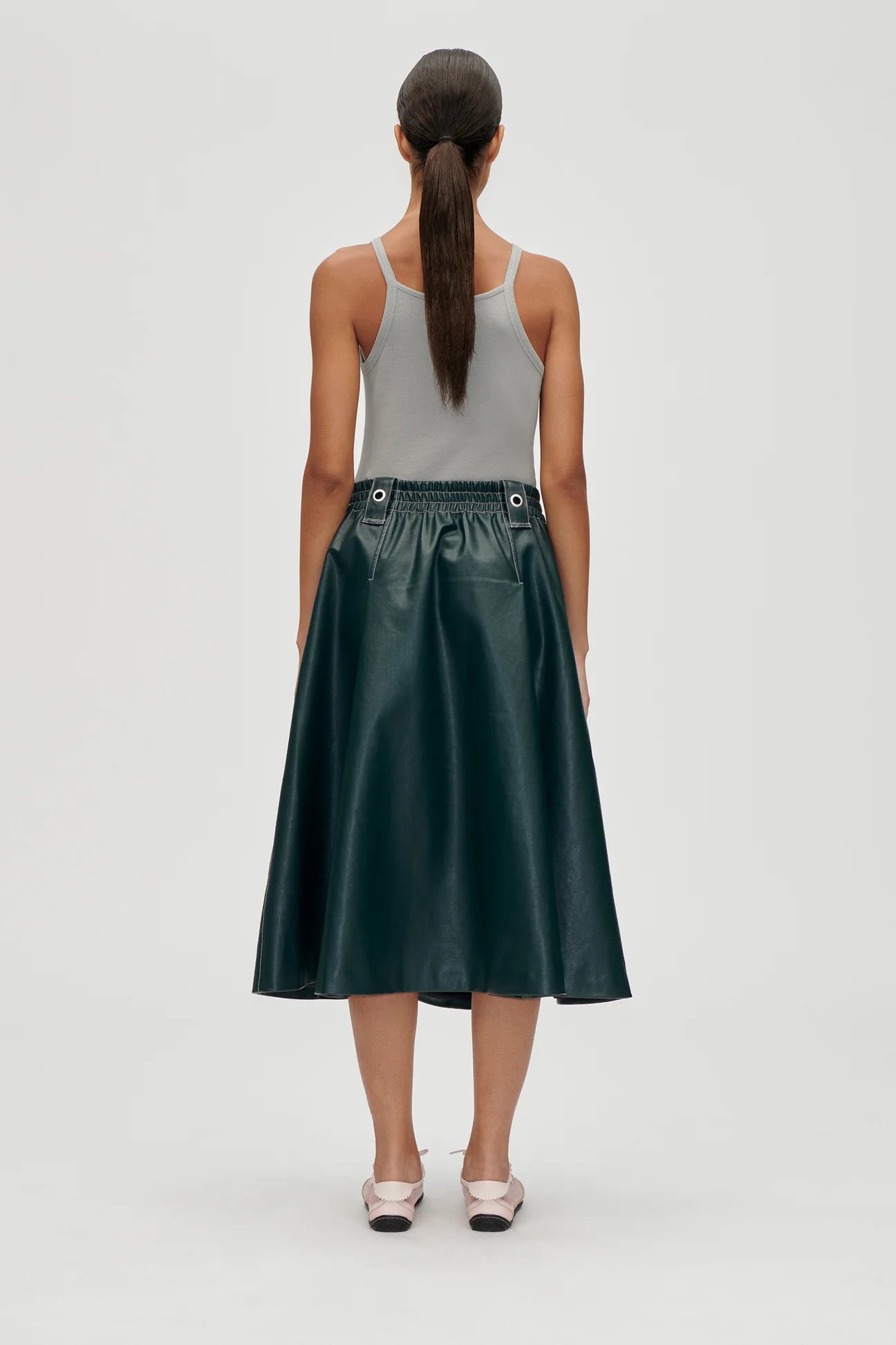Heavy Weight Faux Leather, Gathered Waist Midi Skirt