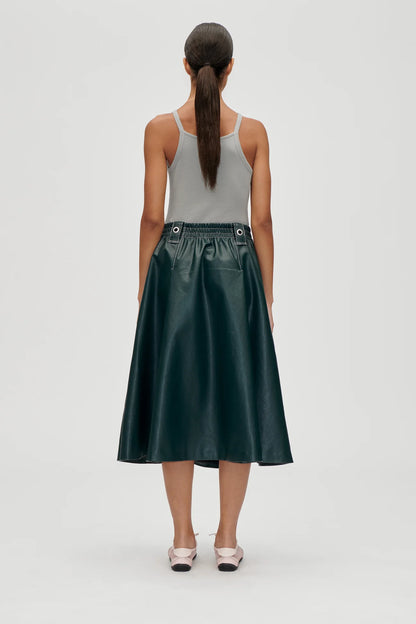 Heavy Weight Faux Leather, Gathered Waist Midi Skirt