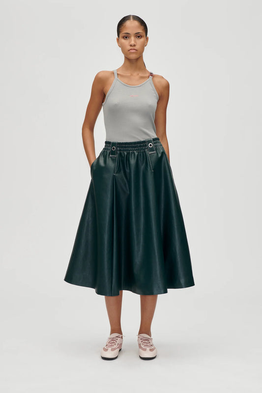 Heavy Weight Faux Leather, Gathered Waist Midi Skirt
