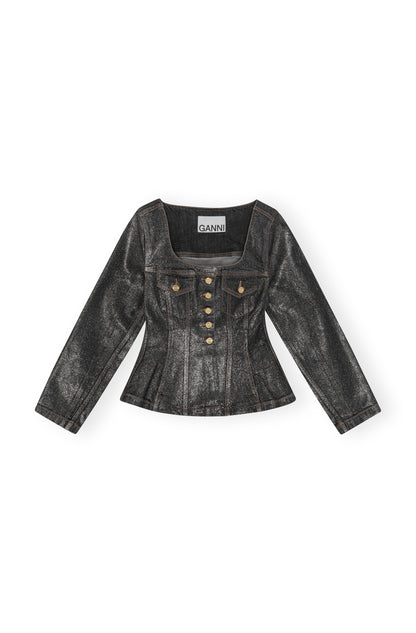 Shimmery Foil Denim Fitted Blazer
