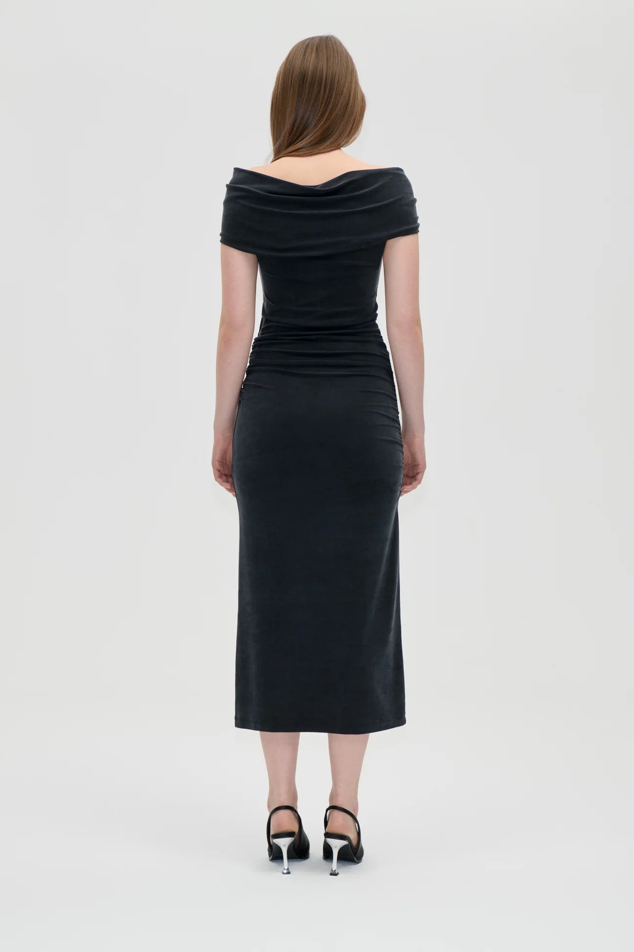 2554 Cupro Jersey, One Shoulder Draped Midi Dress