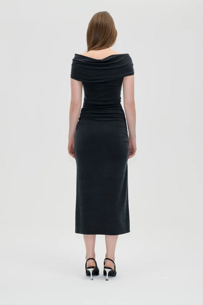2554 Cupro Jersey, One Shoulder Draped Midi Dress