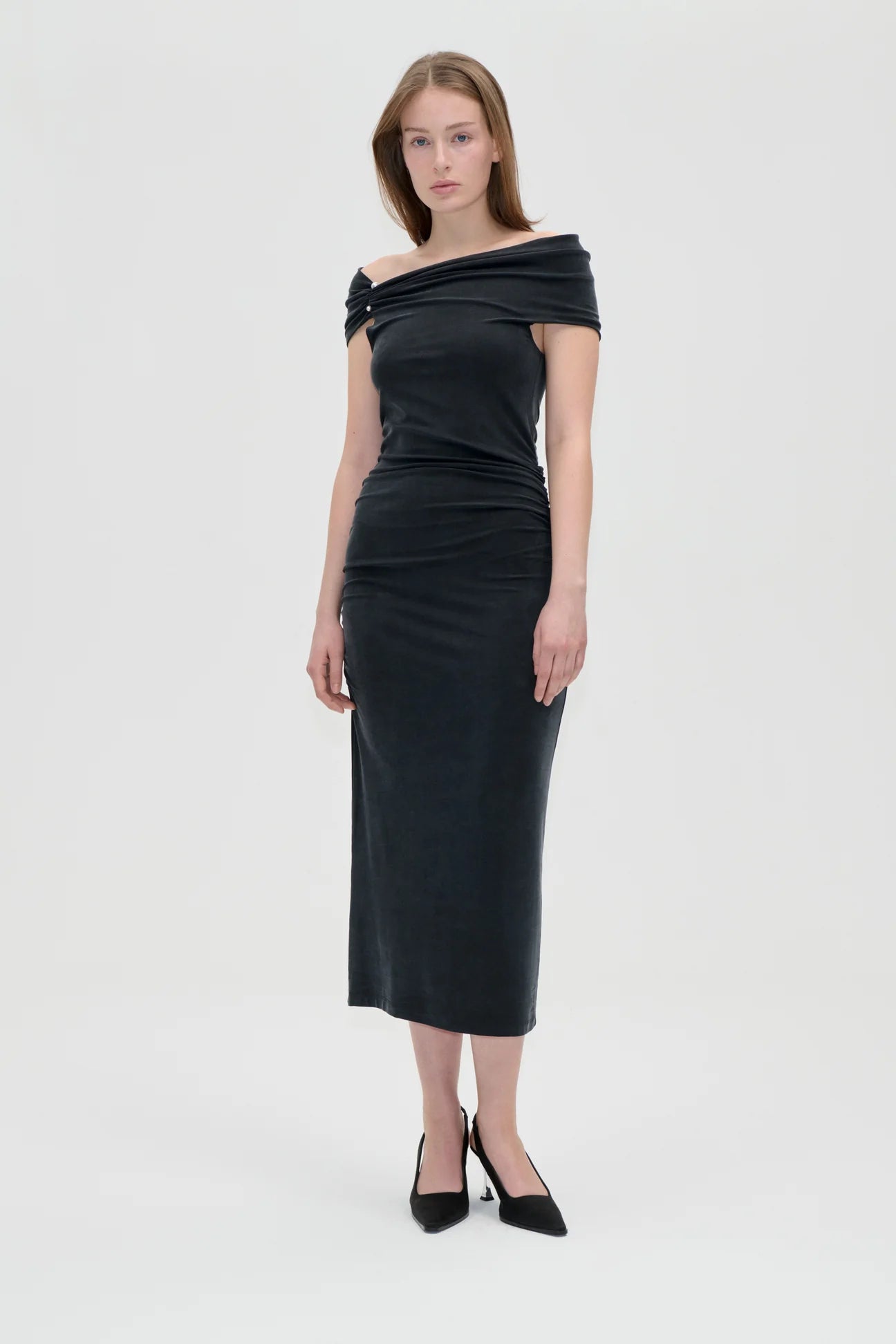 2554 Cupro Jersey, One Shoulder Draped Midi Dress