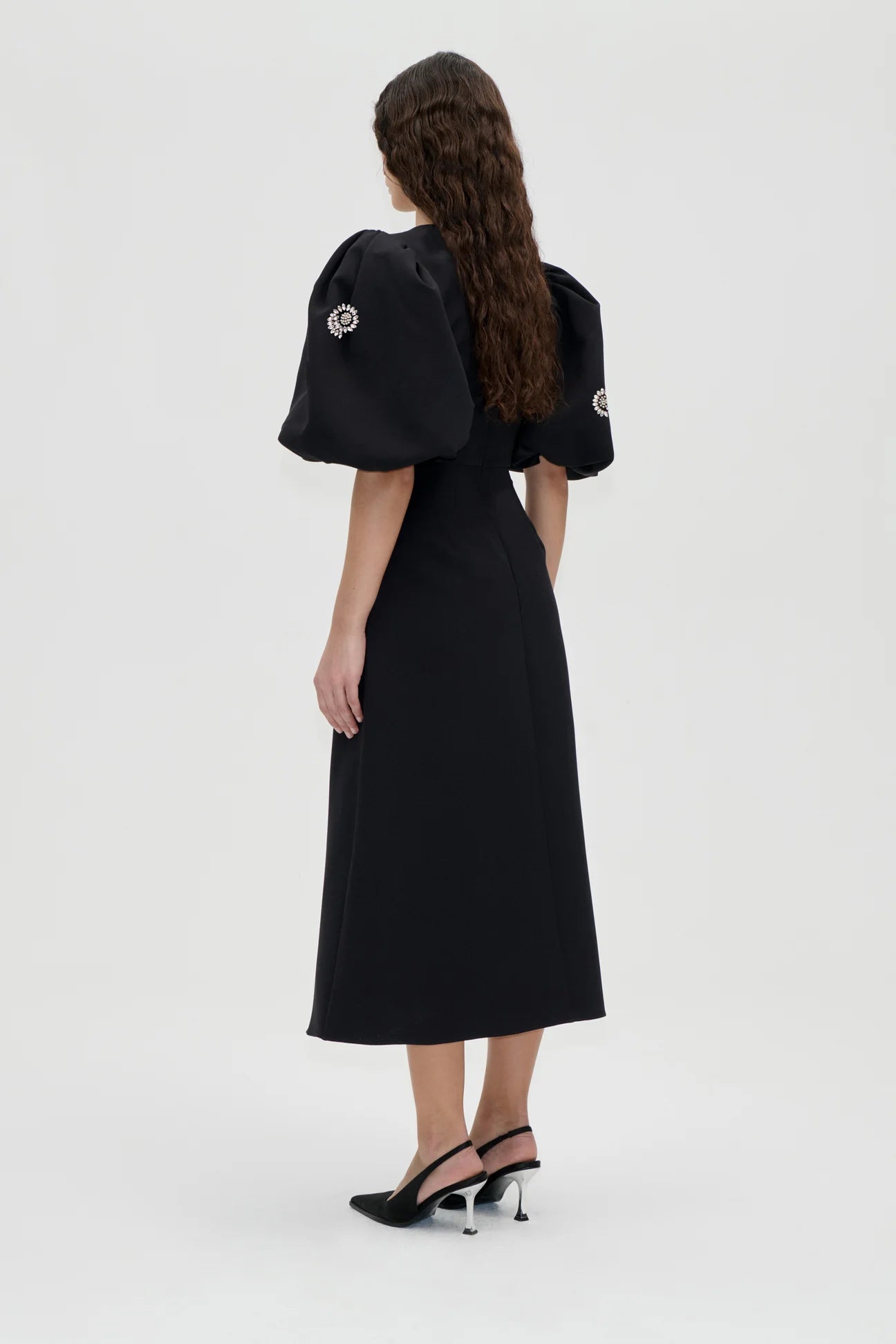 2564 Embellished Cady, Puff Sleeve Midi Dress