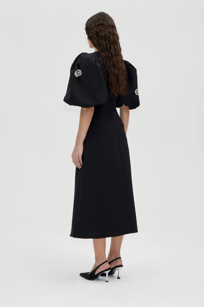2564 Embellished Cady, Puff Sleeve Midi Dress