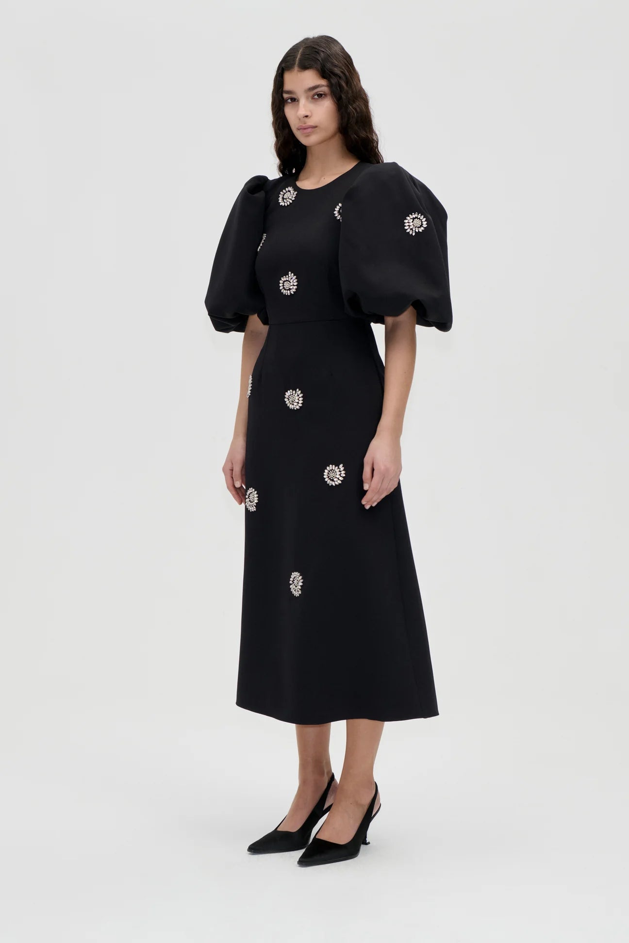 2564 Embellished Cady, Puff Sleeve Midi Dress
