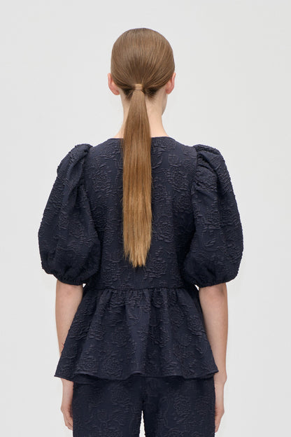 Stretch Jacquard, Puff Sleeve Peplum Top