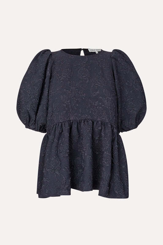 Stretch Jacquard, Puff Sleeve Peplum Top