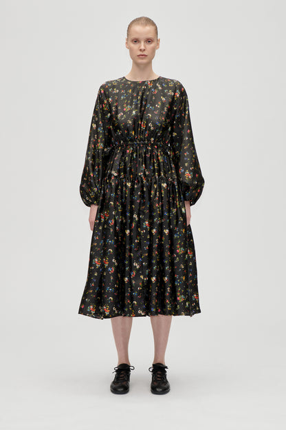 Flat Textured Poly, Waist Tie Ruffle Midi Dress