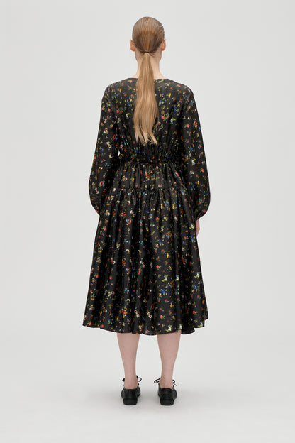 Flat Textured Poly, Waist Tie Ruffle Midi Dress