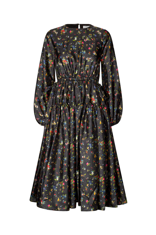 Flat Textured Poly, Waist Tie Ruffle Midi Dress