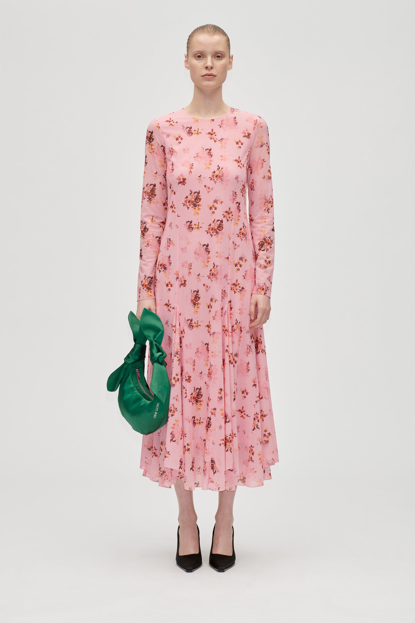 Sheer Ruffling Jersey, Long Sleeve Ruffling Midi Dress