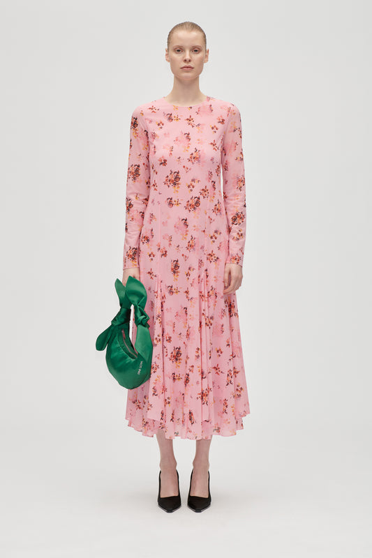 Sheer Ruffling Jersey, Long Sleeve Ruffling Midi Dress